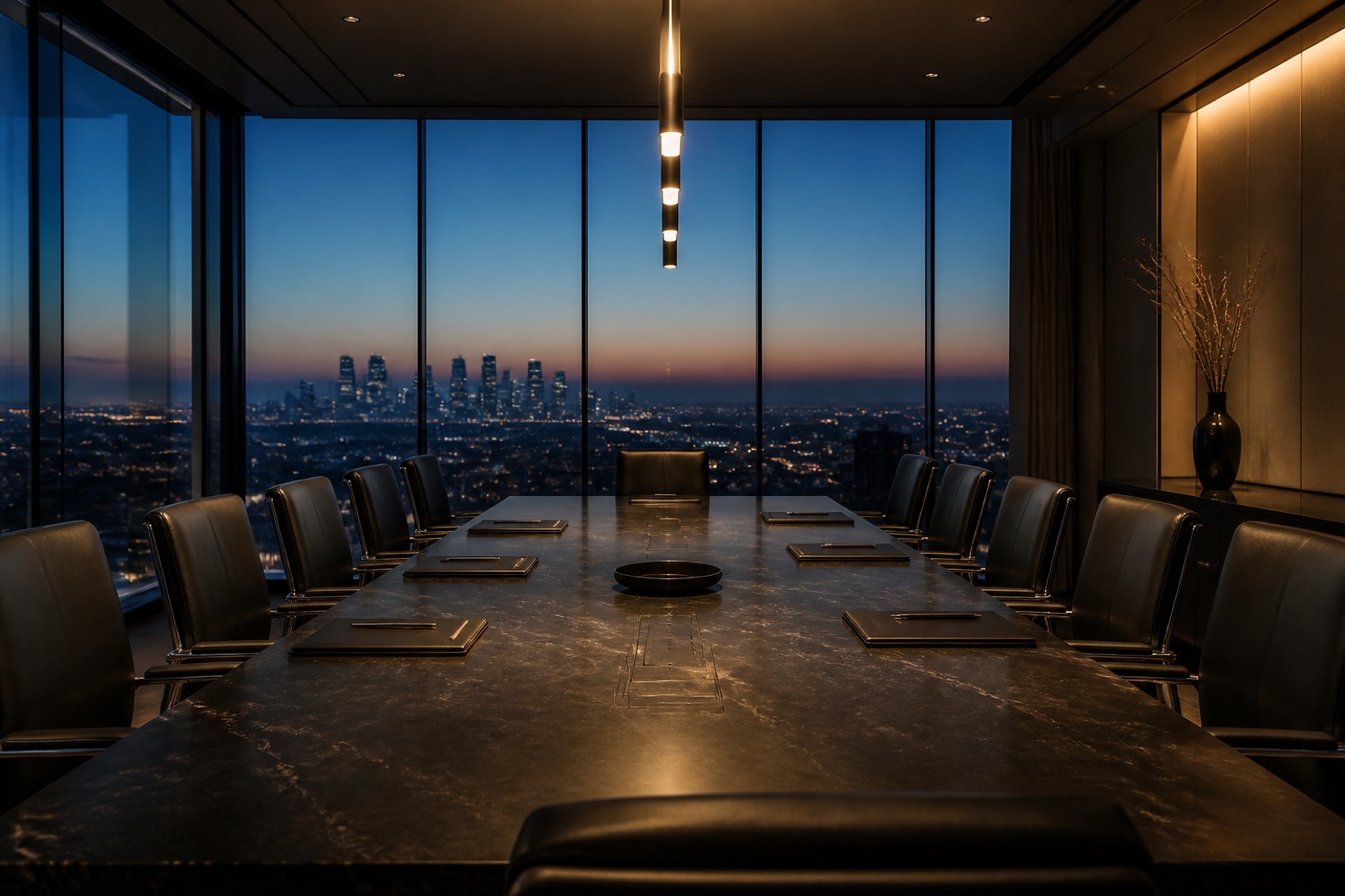 A private executive boardroom overlooking Los Angeles at dusk.