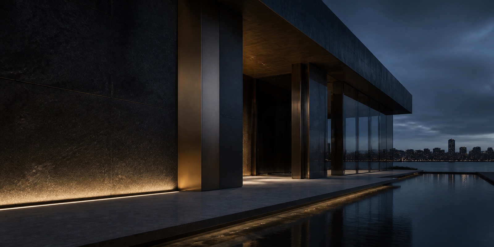 Dark stone and bronze architecture at blue hour, representing a rigorous long-term capital framework.