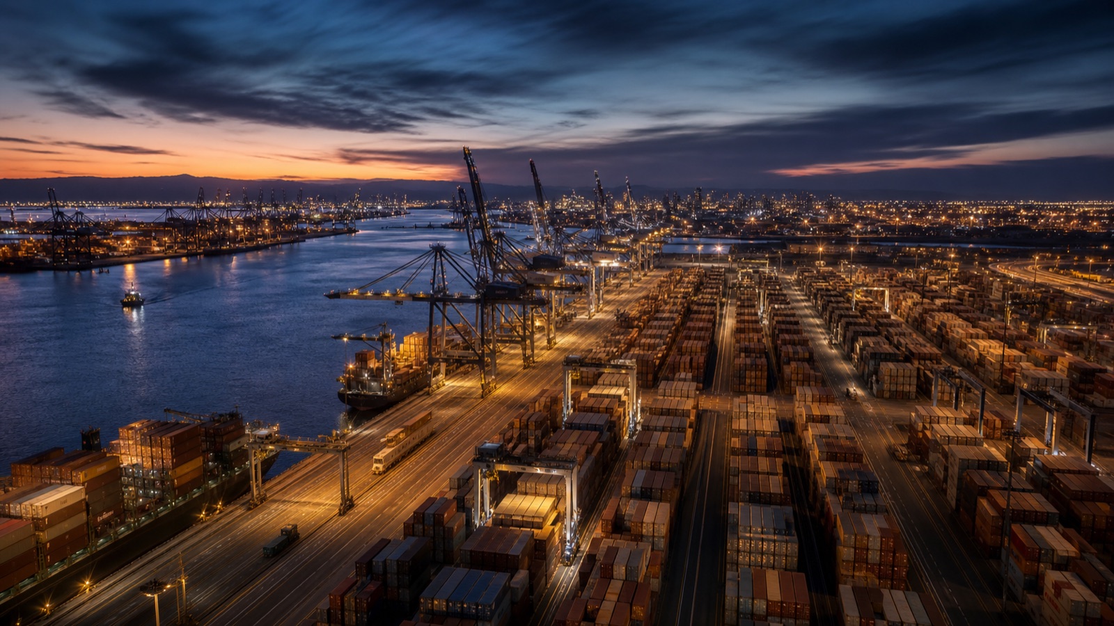 Southern California port infrastructure and container operations at twilight.