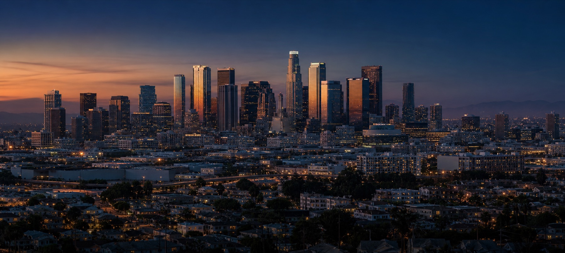 Downtown Los Angeles at blue hour, viewed across the illuminated urban landscape.