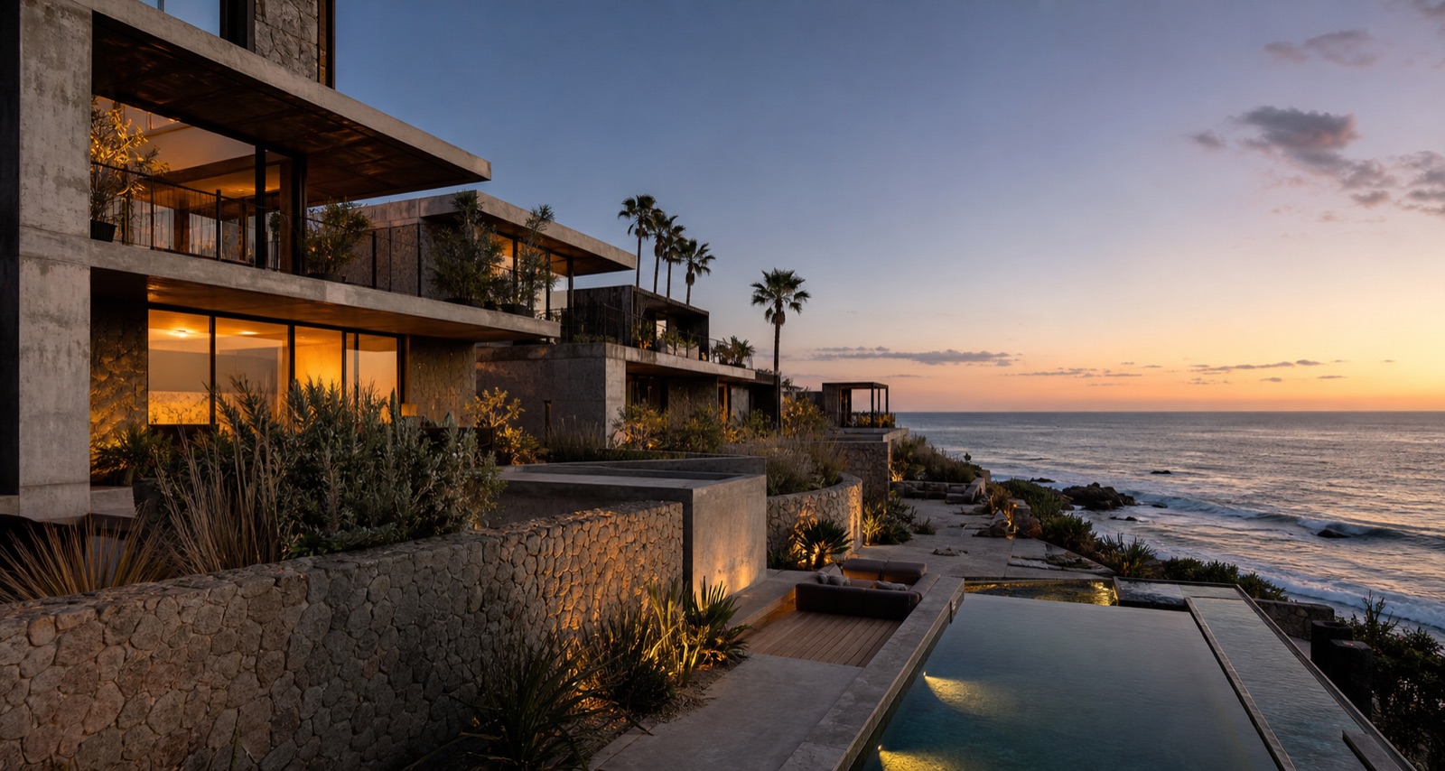 A contemporary coastal hospitality property in México at blue hour.